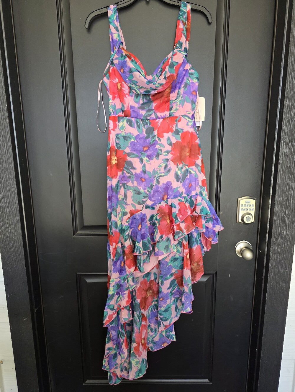 NWT City Studio Floral High Low Ruffle Dress Medium Pink Purple Party Prom Midi - Picture 2 of 8